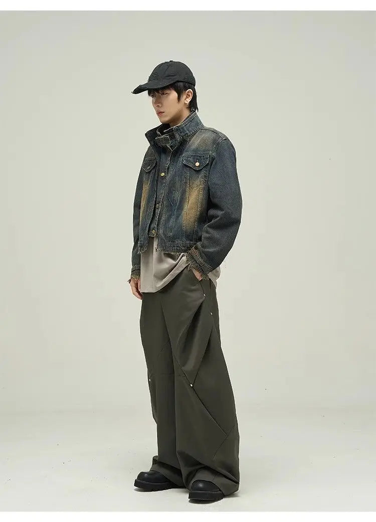 Threebooy Vintage Denim Jacket Man Woman Short Zipper Single Breasted Cowboy Crop Coats Blue Washed Stand Collar Unisex Jeans Outerwear