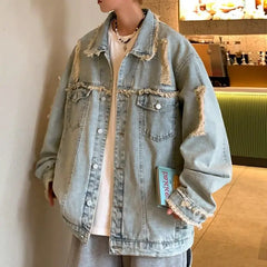 Threebooy  Men's Ripped Denim Jacket Autumn American Retro Washed Hip Hop Streetwear Cool Trendy Loose Casual Jacket Button Up Jeans Coat