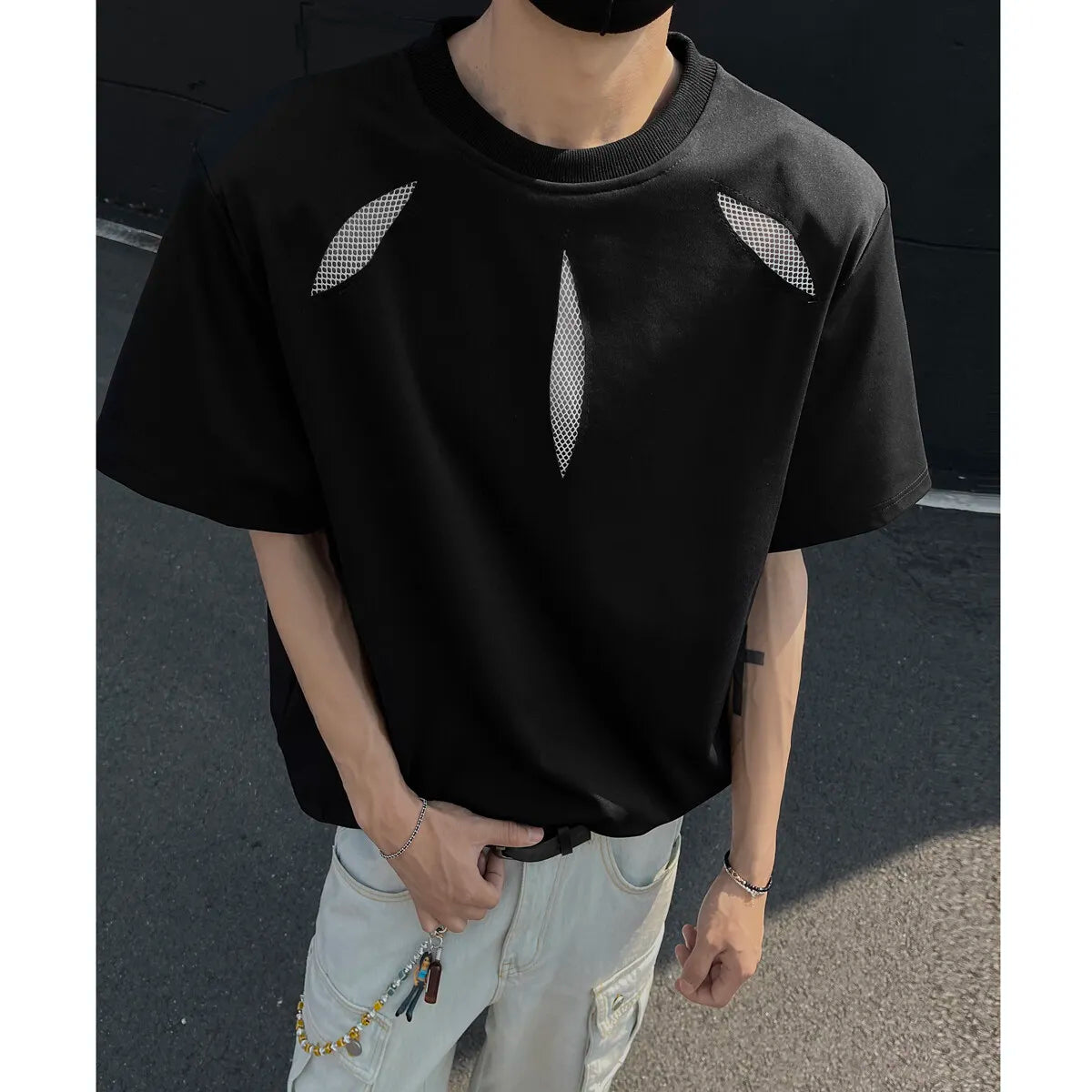 Threebooy Summer Hollow Mesh T Shirt Men Short Sleeve Patchwork Casual Men Clothing Streetwear Fashion Camisetas Gray/Black/White