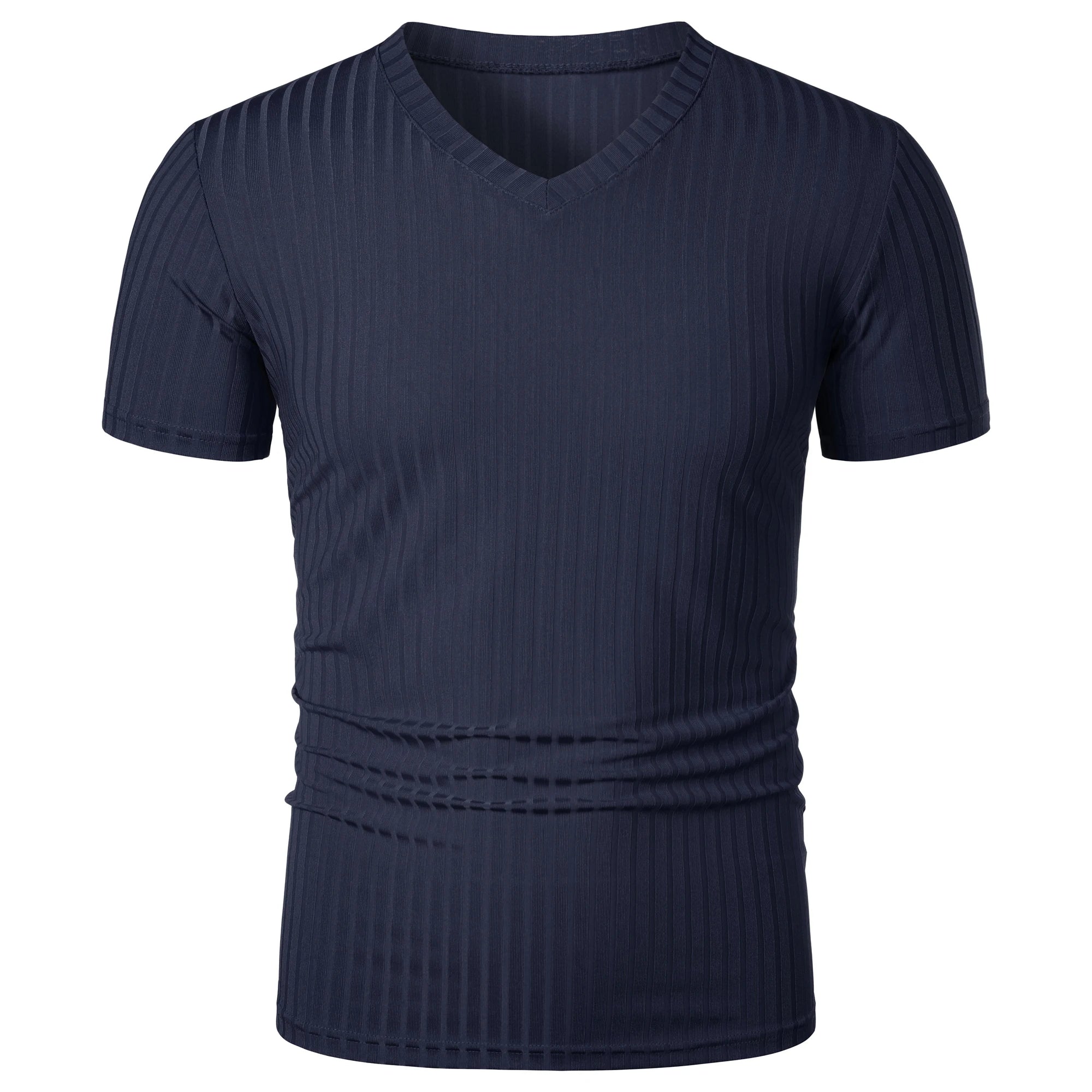 Threebooy  Men's running sports fitness wear summer high stretch vertical strip short sleeve V-neck slim knit base shirt