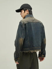 Threebooy Vintage Denim Jacket Man Woman Short Zipper Single Breasted Cowboy Crop Coats Blue Washed Stand Collar Unisex Jeans Outerwear