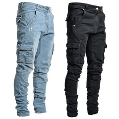 Threebooy Street Elastic Jeans Men Denim Cargo Pants Wash Solid Color Multi Pockets Casual Mid Waist Trousers Slim Fit Daily Wear Joggers