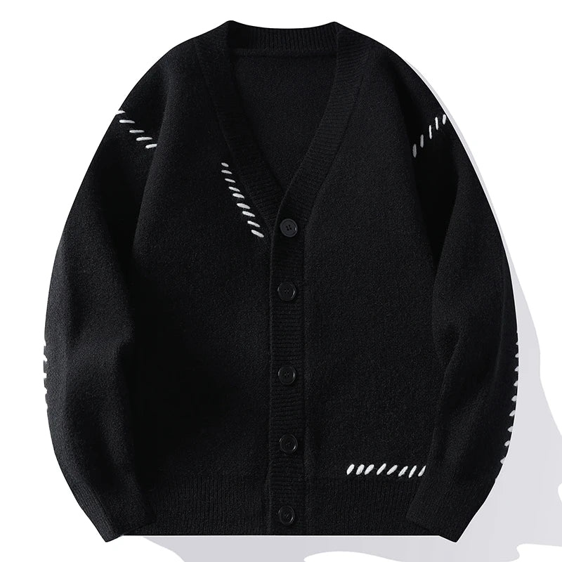 Threebooy Autumn Winter V-Neck Knit Cardigan Men Harajuku Patchwork Loose Knitted Sweater Outerwear Coat Mens Fashion Casual Streetwear