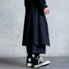Threebooy  Mens Y2k Culottes Double Layer Samurai Pants Hakama Spring Streetwear Fashion Trend Gothic Casual Pants Men'S Clothing New