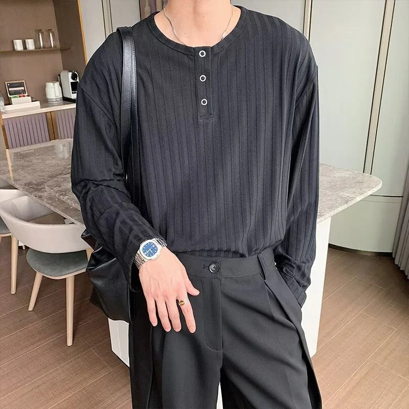 Threebooy New Japanese Fashion Men Henry Collar T-shirt Light Luxury Solid Color Long Sleeve Tops Leisure Light Business Basic Shirt M-3XL