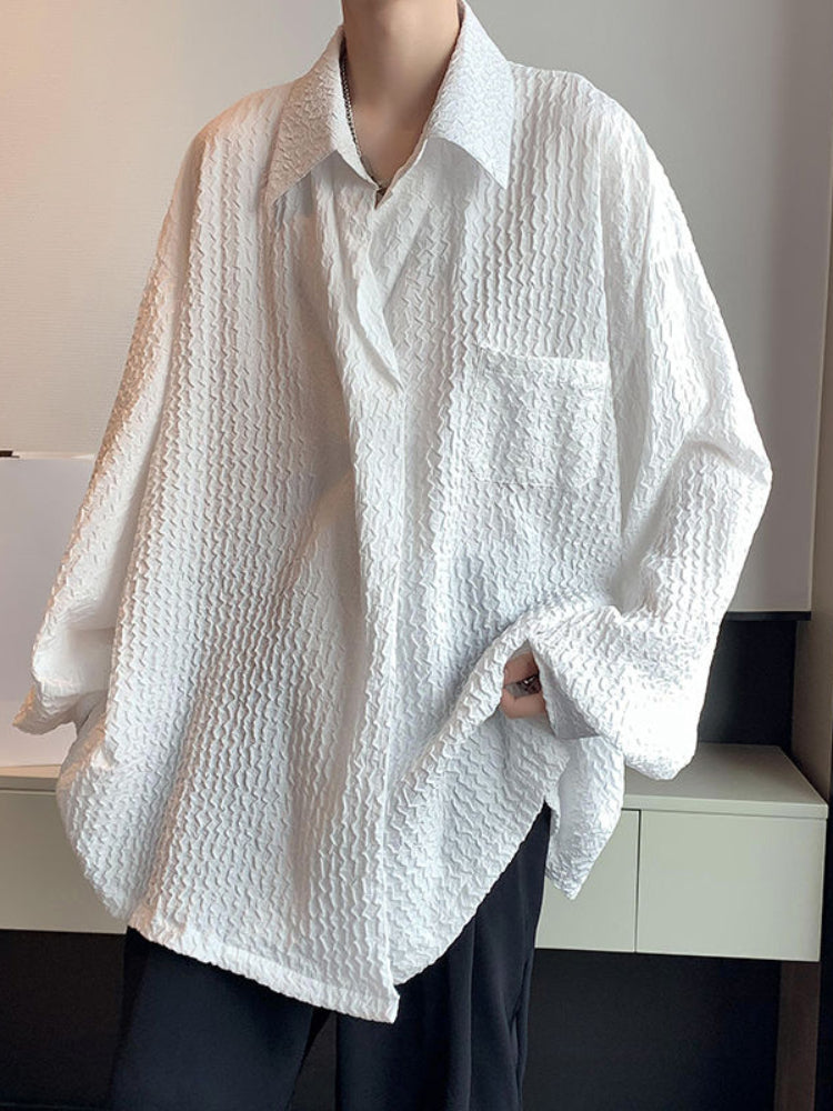 Threebooy Long-sleeved Shirt Men's Summer Trend White Button Up Blouse Men Hong Kong Style Handsome Jacket Wave Texture Niche Top