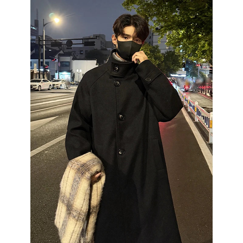 Threebooy New 2025 Autumn Winter Men Imitation Wool Overcoat Stand Collar Mid Long Single Breasted Windproof Warm Coat Fashion Outerwear