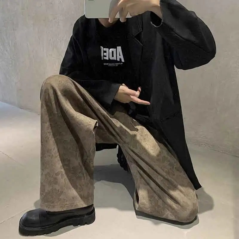 Threebooy Vintage Khaki Men Straight Pants Fashion Floral Baggy Trousers Summer Casual Sweatpants Bottoms Harajuku Streetwear Y2K Clothes