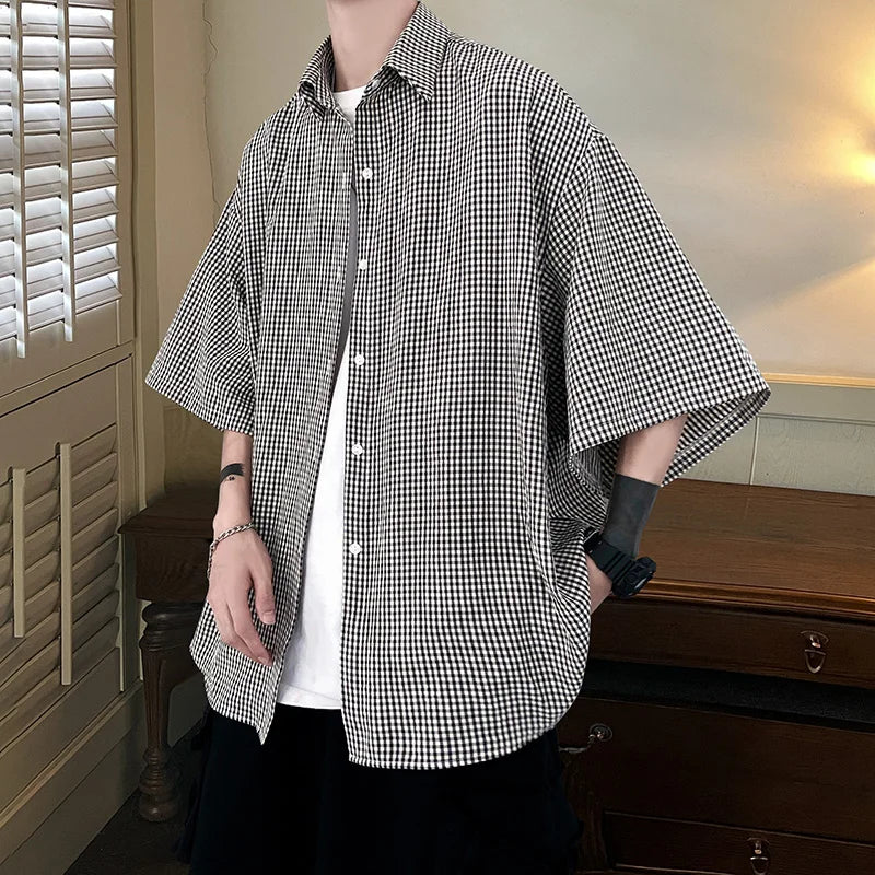 Threebooy Shirt man fashion Streetwear Casual Plaid Shirt Men'S Half Sleeve High Quality Loose Spring Summer Fashion Chemise Homme