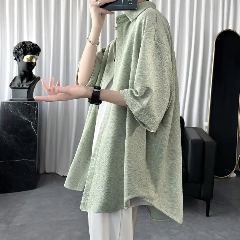 Threebooy Summer Cool Men Short-sleeved Shirt Solid Color Fashion Plicated Casual Loose Button Shirt Male Clothing Tops