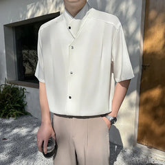 Threebooy  Irregular Collar Design Shirt for Men Summer Loose Half Sleeve Casual Shirts Ice Silk Breathable Streetwear Social Men Clothing