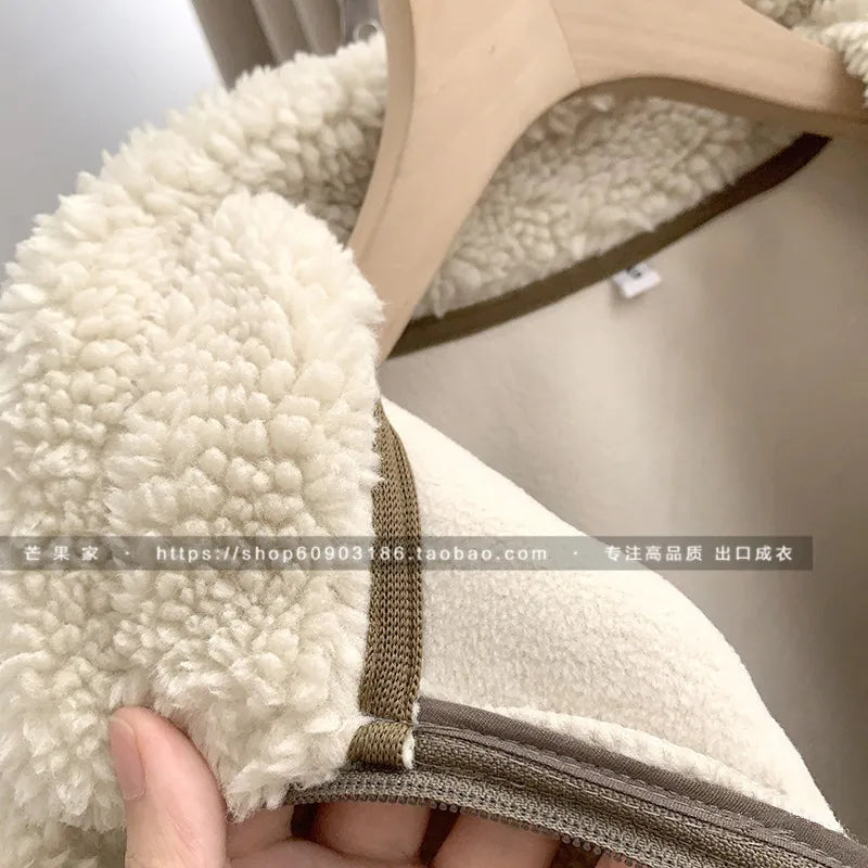 Threebooy Autumn Winter Lambswool Coat Male Loose Windproof Warm Sherpa Stand Collar Polar Fleece Jacket Unisex Simple  Pocket Spliced Top