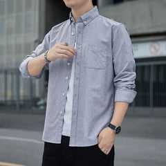 Threebooy  Spring and Autumn Men Long-sleeved Slim Shirts Solid Color Versatile Business Casual Tops Cotton