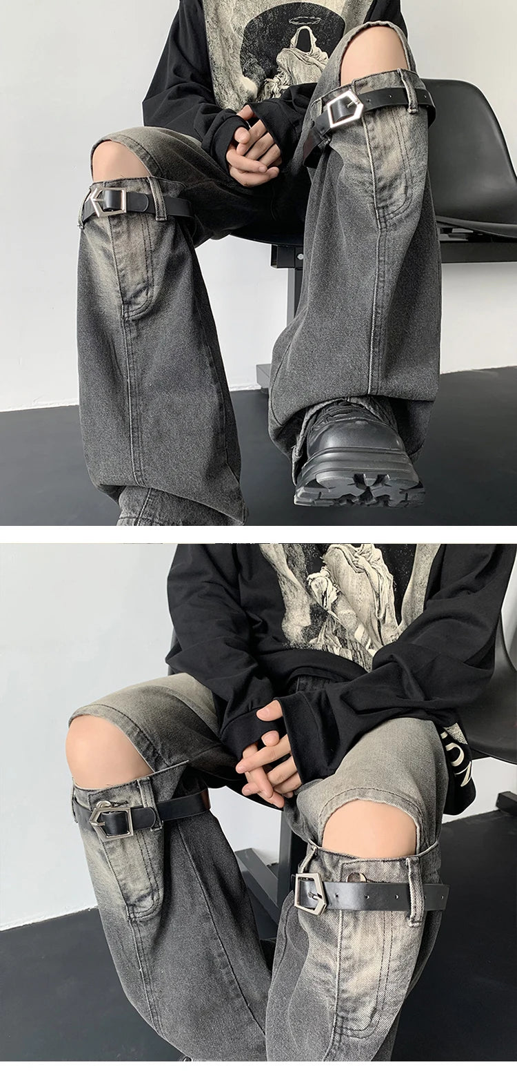 Threebooy Men's Jeans Retro Trousers Knee Holes Splicing High Street Loose Denim Trousers Flared Jeans Straps Cowboy Casual Long Pants