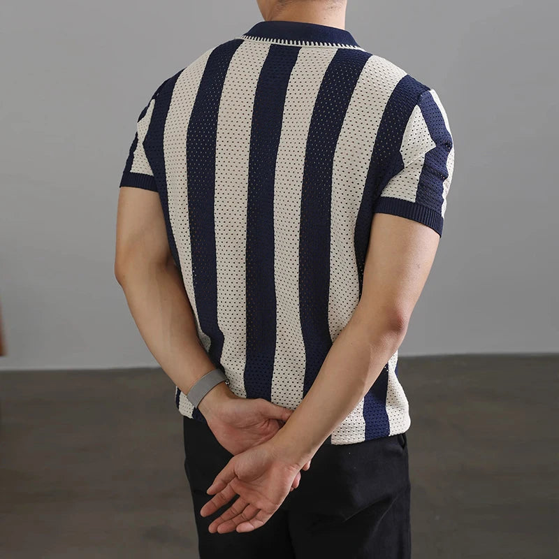 Threebooy New Chic Striped Polo Shirt Light Luxury Hollow Out Knitted T-shirts Korean Style Zipper Short Sleeve Tops Breathable Knitwear