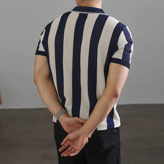 Threebooy New Chic Striped Polo Shirt Light Luxury Hollow Out Knitted T-shirts Korean Style Zipper Short Sleeve Tops Breathable Knitwear