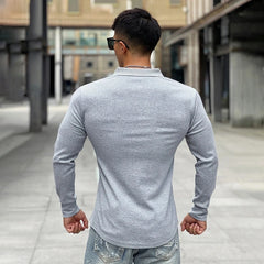 Threebooy Men Tee Shirt V-neck Turndown Collar Long Sleeve Elastic Cotton Tee&Tops Stylish T-shirt Autumn Casual Solid Male Clothing