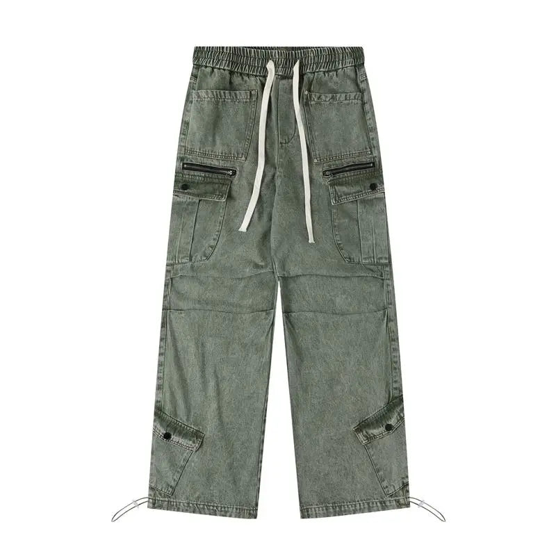 Threebooy Hip hop retro high street men and women trendy personalized washed workwear jeans for couples loose straight leg casual pants
