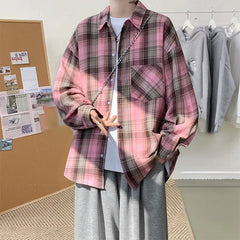 Threebooy Harajuku Long Sleeve Plaid Shirts Men Big Size M-5XL Autumn Chic Loose Vintage High Street All-match Gentleman Camisa