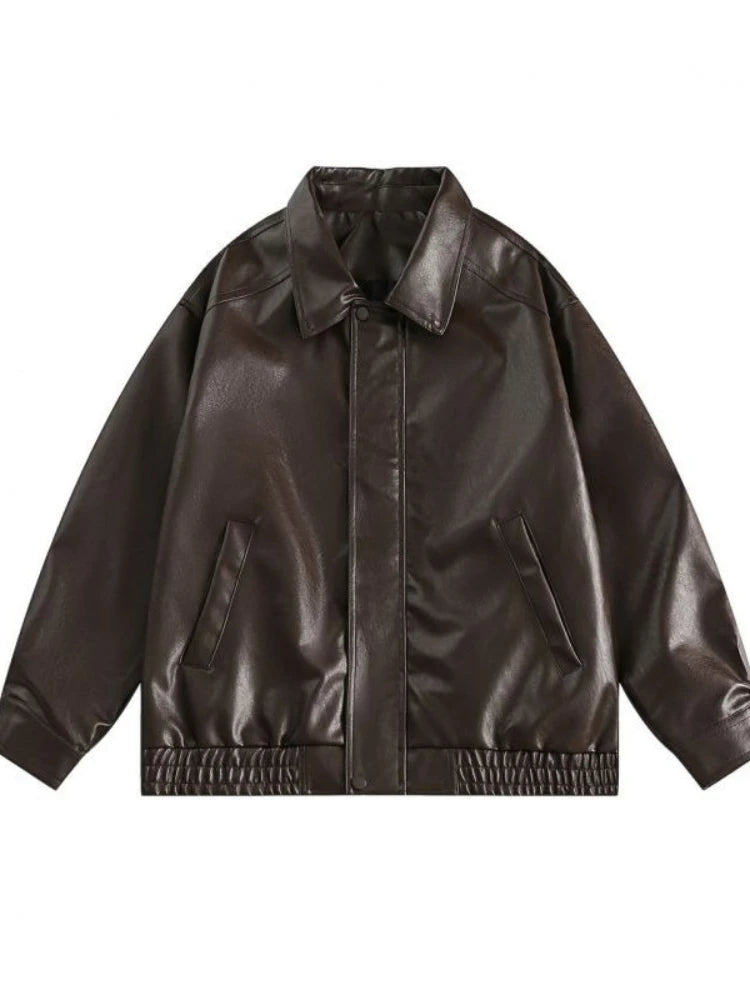 Threebooy Japanese Street Hot Casual Jacket American Fashion Loose Versatile Lazy Style Spring Autumn Leather Jacket Long-sleeved Coat Men