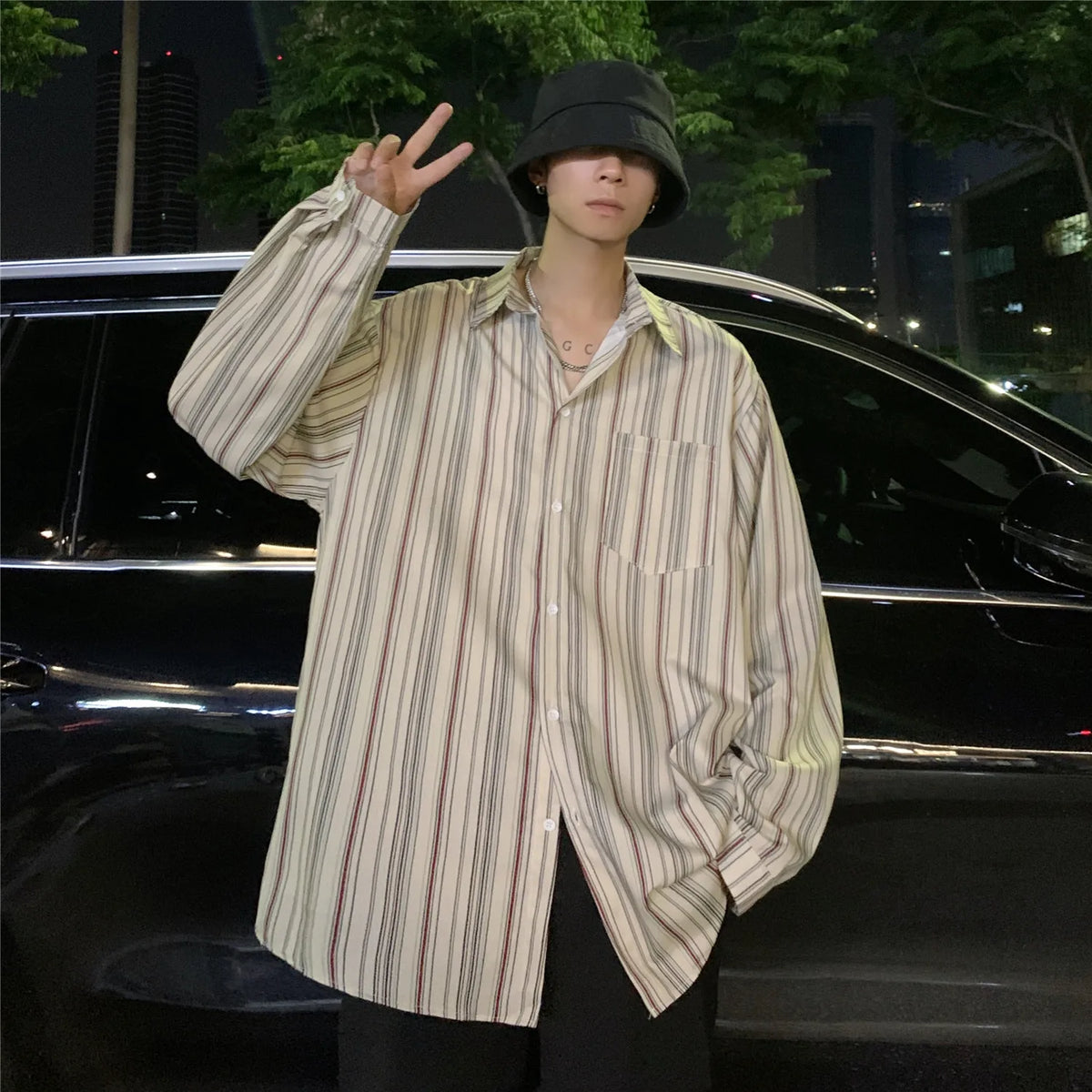 Threebooy Striped Loose Causal Long Sleeve Shirts Man Button Handsome Turn-down Collar Spring Autumn Office Men's Clothing Green