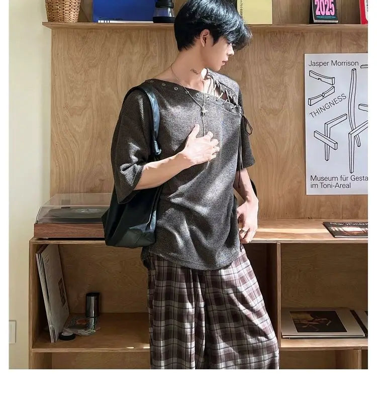 Threebooy Street Punk Shirt Off-shoulder Hollow T-shirt American 2025 New High-end Style Fashionable Casual Loose Short Sleeves