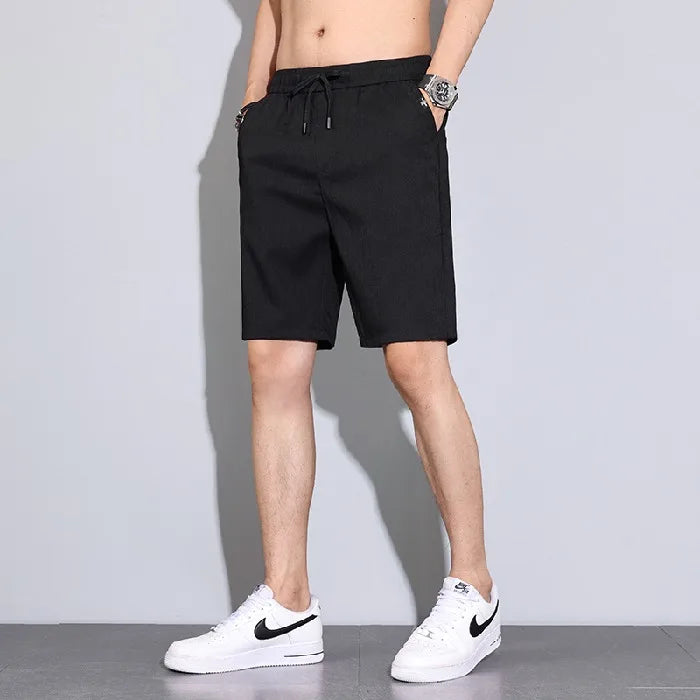 Threebooy Summer New Men's Lightweight Ice Silk Casual Shorts Fashion Soft Washed Elastic Waist Tie Loose Five Pants Black Grey