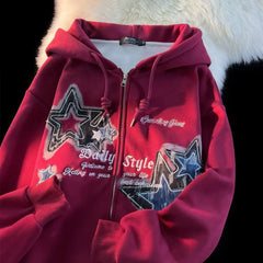 Threebooy Aesthetic Star Print Cardigan Zip Up Sweatshirt Men Women Autumn Winter Loose Tide Brand Couple Hooded Zip Jacket Harajuku Y2k