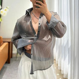Threebooy Trendy Fashion Shirt Men's See-through Solid All-match Blouse Spring Summer New Sexy Mesh Long-sleeved Shirts LGBT Streetwear