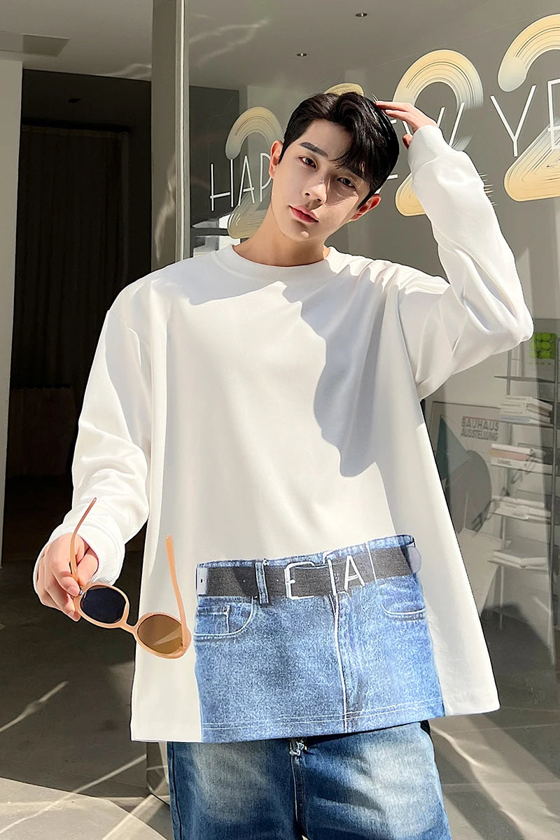 Threebooy Korean Street fashion Spring Casual Men Personality Jeans Print Long Sleeve T-shirts Sweatshirt Patchwork Loose Sweatshirts