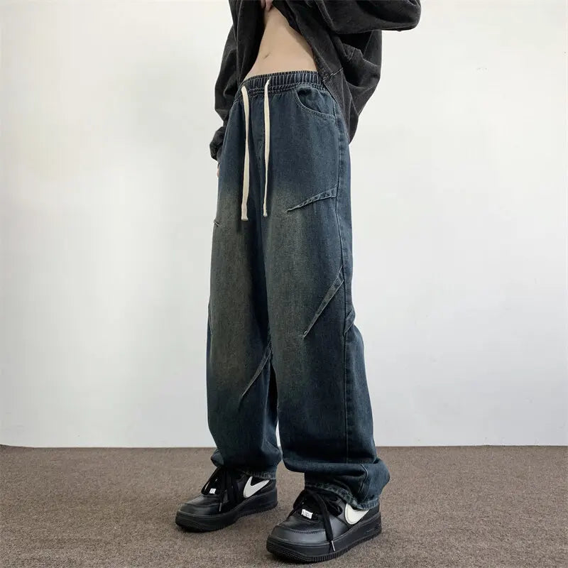 Threebooy  Mens Straight Leg Jeans Elastic Waistband Drawstring Comfort Fit Denim Casual Trousers Adjustable Waist Relaxed Fit