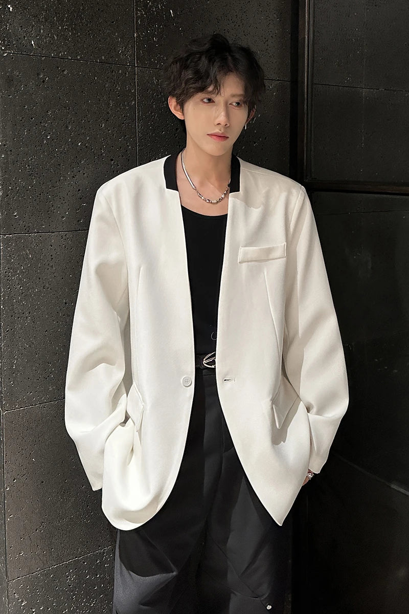 Threebooy Black/White Men Blazer Collarless Contrast Color Streetwear One Button Long Sleeve Fashion Men Casual Suit Jacket 3XL-M