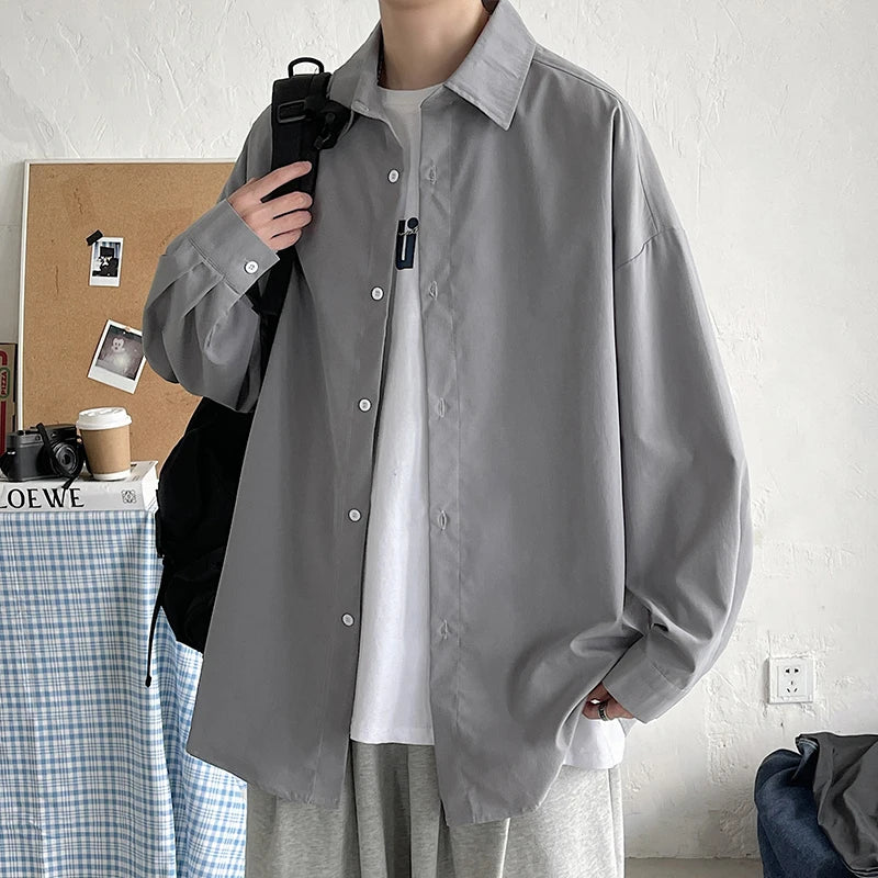 Threebooy Spring Simple Black Long Sleeve Shirts Men Korean Mens Harajuku White Oversized Shirt Male Button Up Shirts Blouses 5XL-M