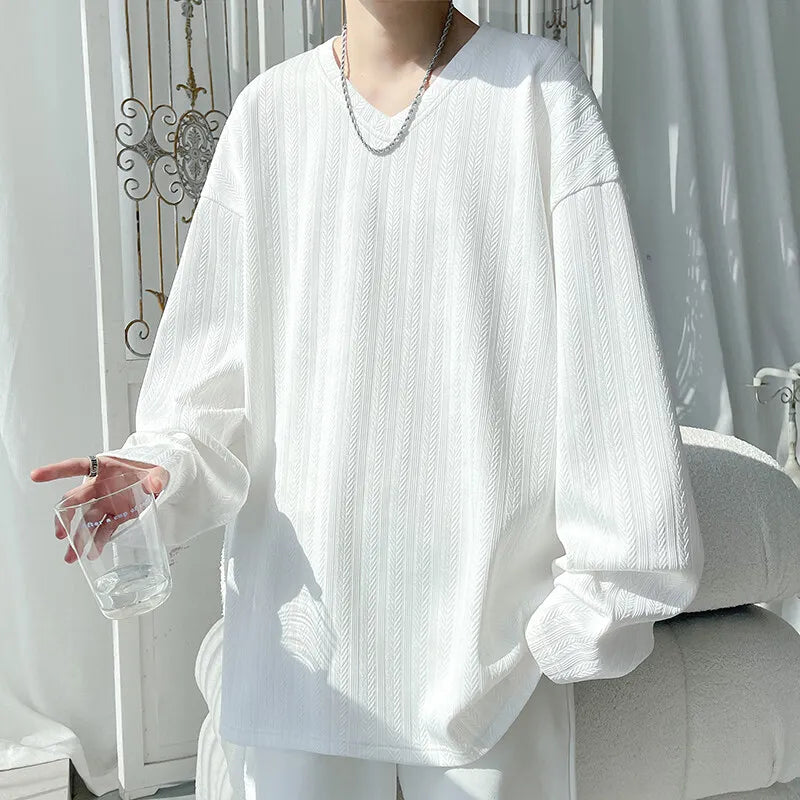 Threebooy  Spring Autumn Men's Loose T-Shirts Solid Color Long Sleeve V-Neck Casual Tshirt Men Fashion Streetwear Tees Tops Plus Size 5XL