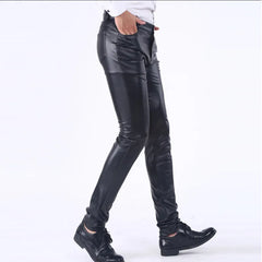 Threebooy Men's Leather Pants Spring Autumn Slim Fit Elastic Style Male Fashion PU Leather Trousers Moto Pants Solid Color Casual Bottoms