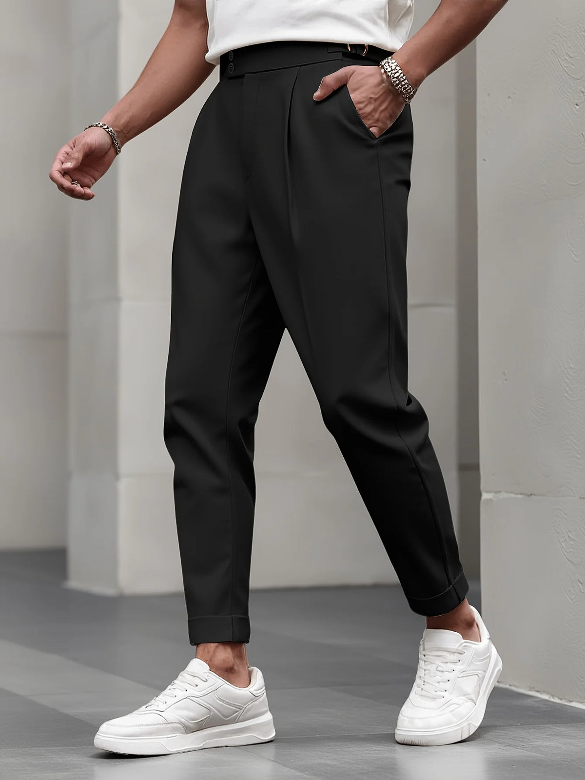Threebooy  Men's Gurkha High Waist Pleated Cuffed Cropped Dress Pants Polyester Viscose Elastane Business Casual Black Beige Trousers