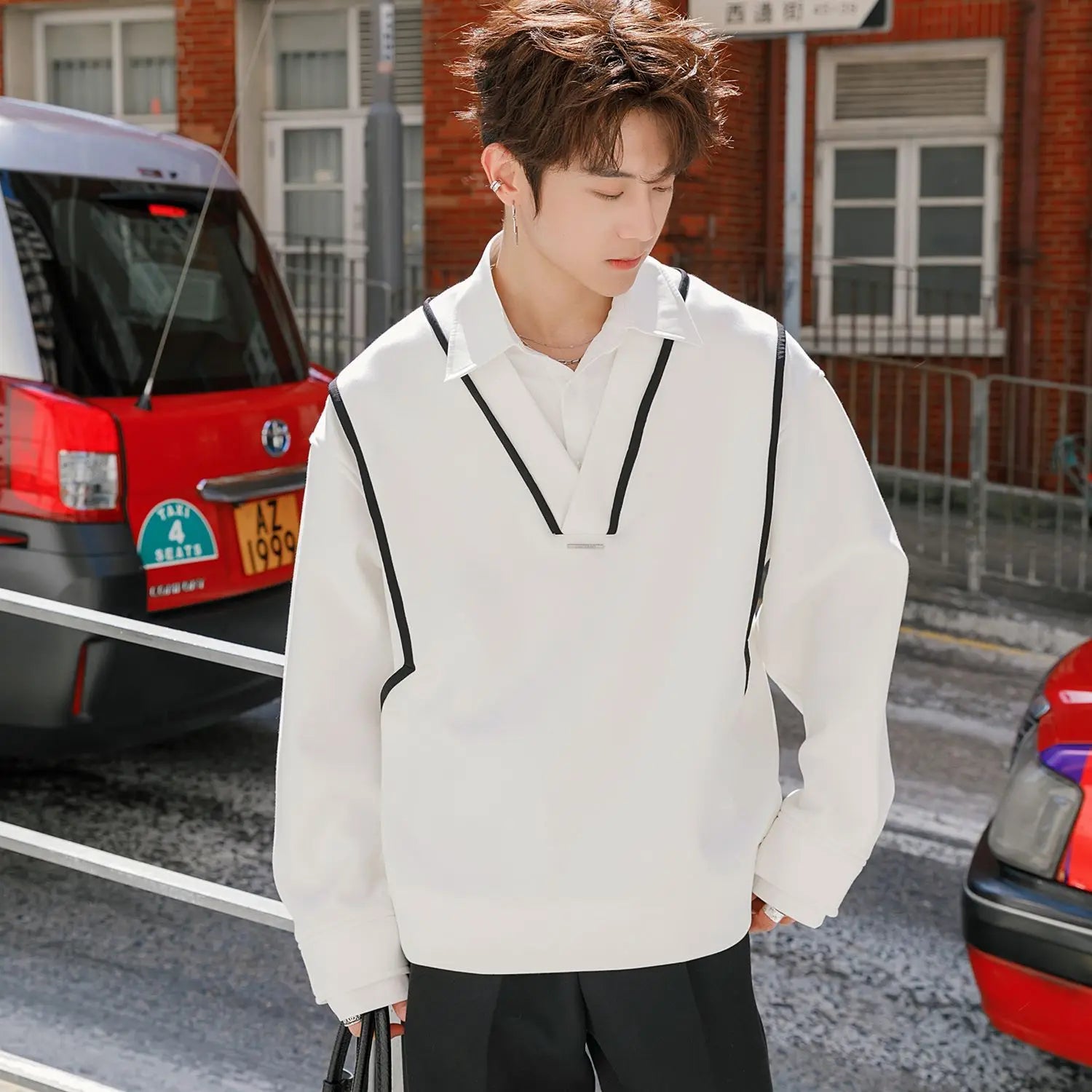 Threebooy Preppy Elegant Shirt High-end Sweatshirt for Men Spliced men's Fake Two Pieces Casual Long-sleeved Loose Lapel Shirt