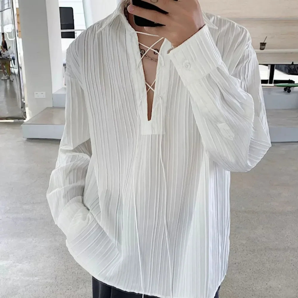 Threebooy Men Shirts Bandage Turn-down Delicate Commuting Long Sleeve Spring Temperament Tender All-match Simple Korean Style Tops Cozy