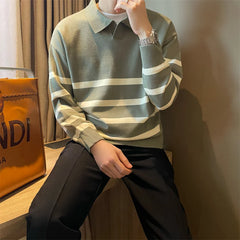 Threebooy  Autumn Simple Lapel Striped Sweater For Men Casual Vintage Korean Fashion Knitwear Top New Y2K Loose Knitted Pullover Jumper