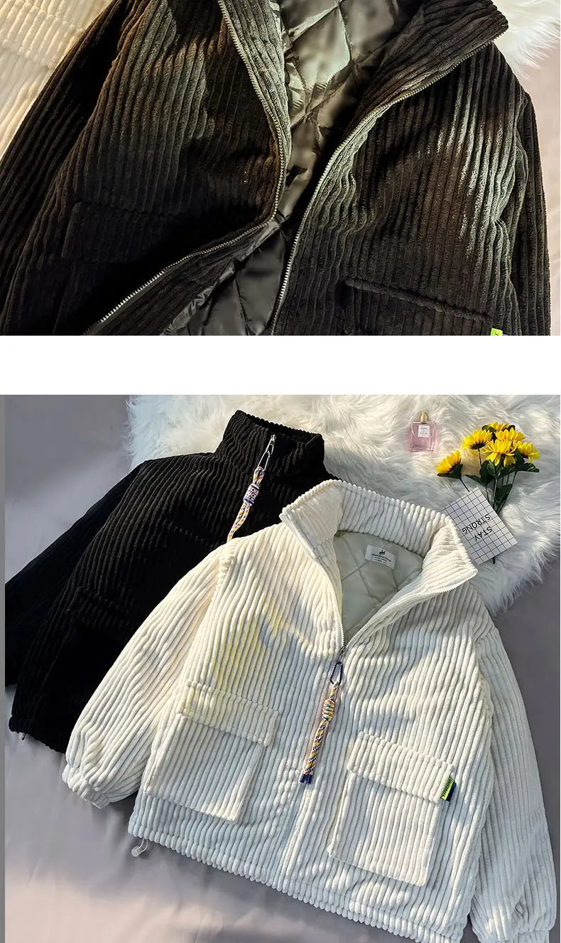 Threebooy Men's Cotton Padded Jacket Winter Corduroy Padded Jackets Female Loose Stand-up Collar Thickened Warm Zipper Solid Color Coats