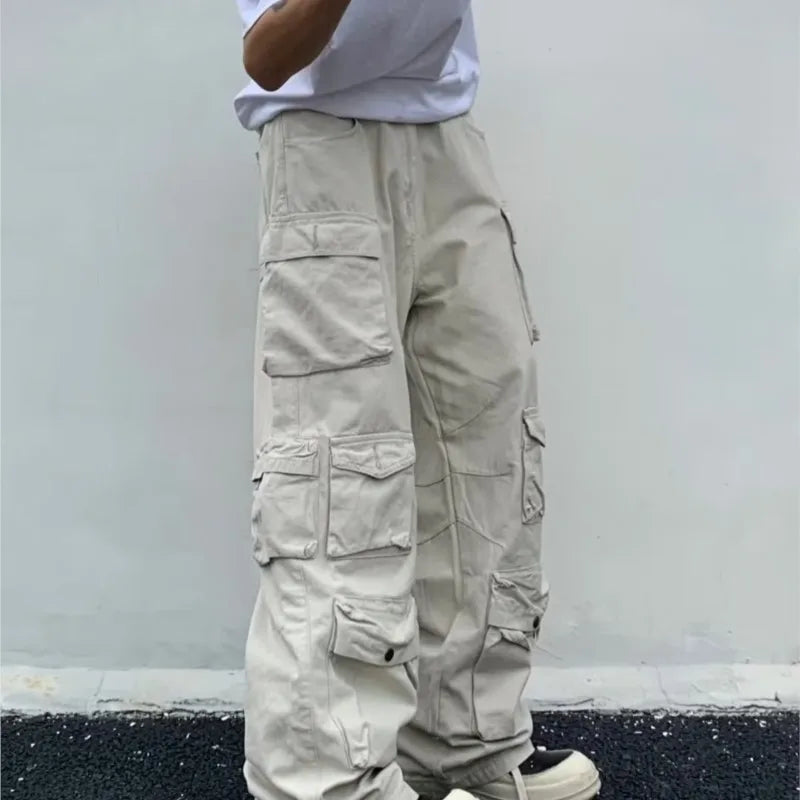 Threebooy  Spring Cargo pants New Popular Rice White Multi-pockets Overalls Harajuku stays Men Loose Casual Trousers Straight Mopping Pants