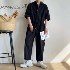 Threebooy Men's Overalls Jumpsuits Summer Fashion Casual Nine Point Cargo Pants Japanese Retro Male Clothes Couple Loose Solid Color Suit