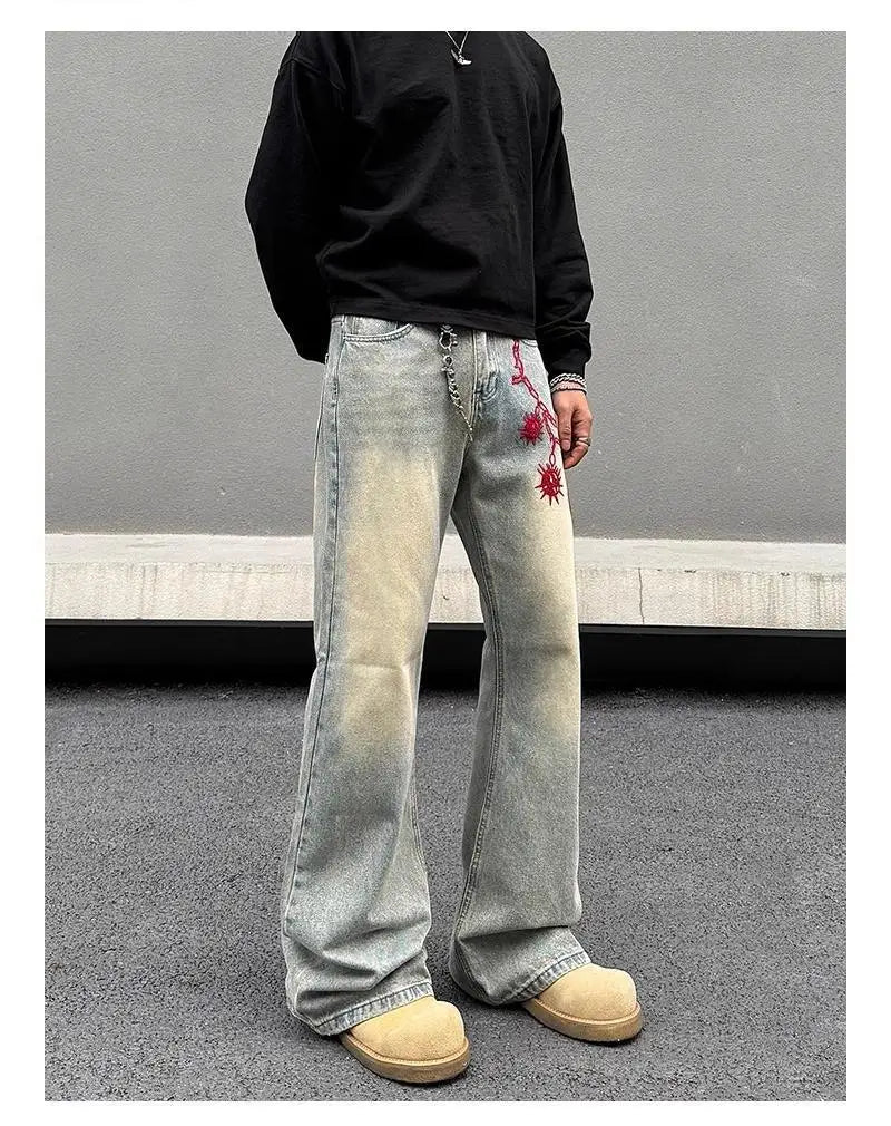 Threebooy American retro men and women trend personalized embroidered straight leg washed jeans couple spring and autumn casual pants y2k