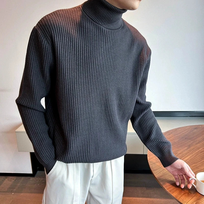Threebooy  New Korean Retro Men Basic Sweater Luxury Knit Solid Color Turtleneck Long Sleeve Pullover Casual Textured High Quality Knitwear
