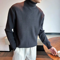 Threebooy  New Korean Retro Men Basic Sweater Luxury Knit Solid Color Turtleneck Long Sleeve Pullover Casual Textured High Quality Knitwear