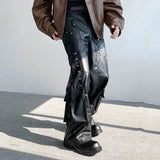 Threebooy new dark series pocket rivet design PU leather pants men's wide-leg pants    leather pants lederhose pantalon cuir homme