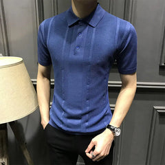 Threebooy  Business Casual Men Polo Shirts Summer New Solid Lapel Button Streetwear Fashion Office Social Long Sleeve Knitted T-shirt Tops