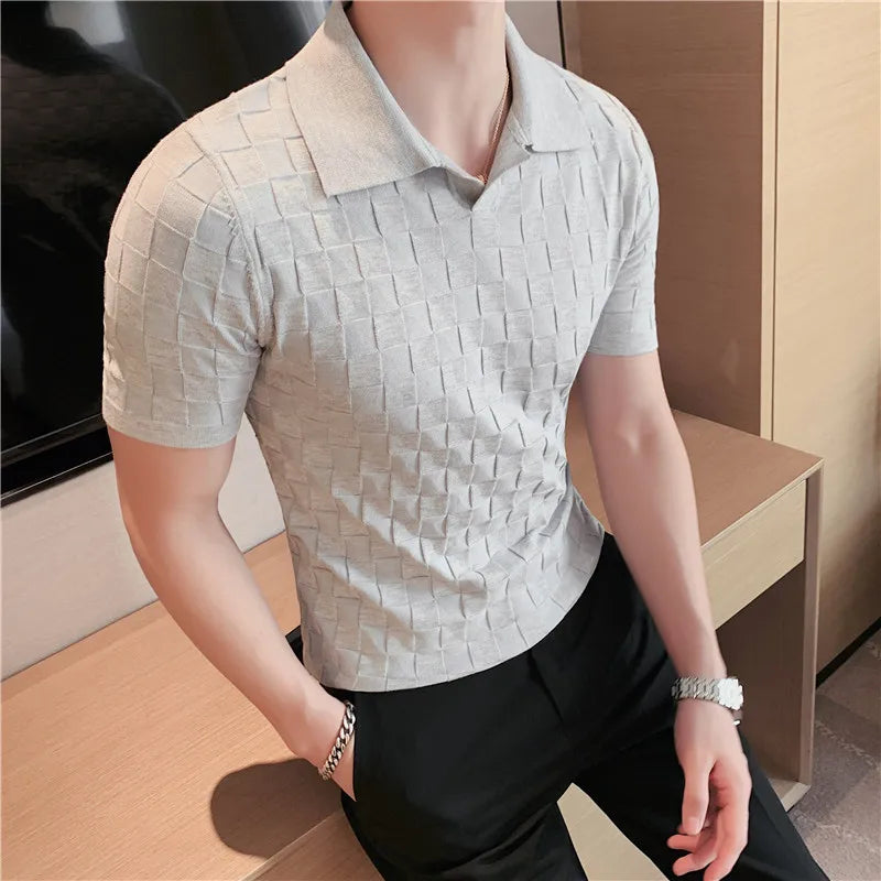 Threebooy  British Style Men's Casual Summer Knitting POLO Shirts/Male Slim Fit High Quality Plaid Casual Short Sleeve Polo Shirts 4XL