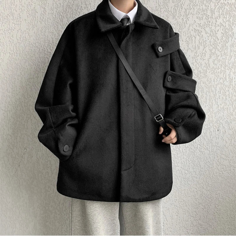 Threebooy Streetwear Woolen Coat Men's Autumn Winter Minority Lapel Jacket American Retro Loose Casual Asymmetrical Jacket
