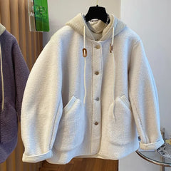 Threebooy Simple Niche Splicing Detachable Knitted Hooded Coat Women Autumn Winter Velvet Loose Casual Lamb Wool Warm Button Top
